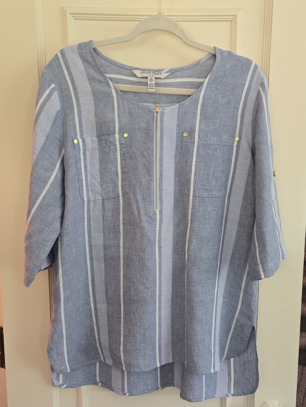 Ellen Tracy Light Blue and White Striped Linen-Blend Pullover Tunic